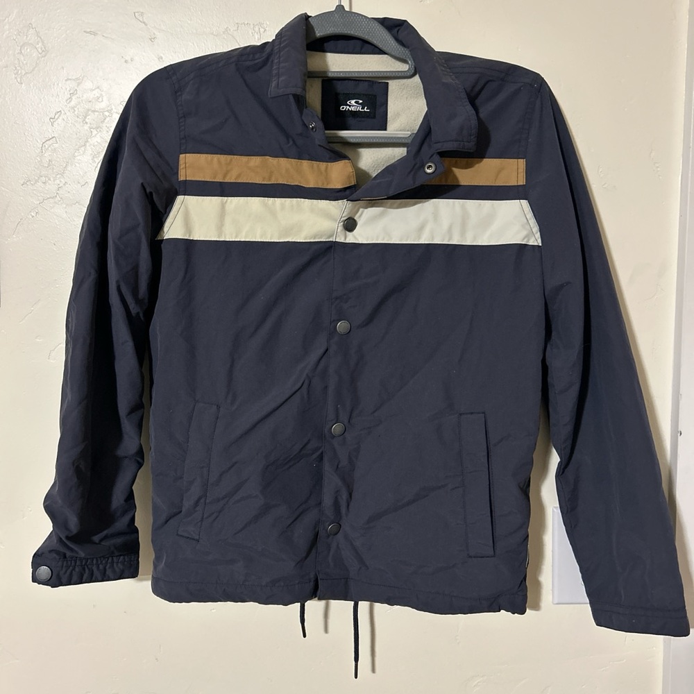 O'Neill Men's Windbreaker in Navy with Tan and White Stripes